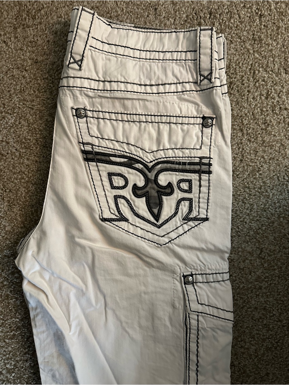 Rock Revival White Cargo Pants with Black Embroidered Pocket